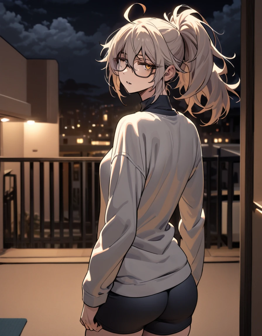 mature, golden eyes, looking at viewer, female, apartment background, messy hair, grey shoulder-length hair, ponytail, parted lips, hair between eyes, ahoge, emotionless, tired eyes, standing, from behind, yoga shorts, turtleneck shirt, medical eye patch, comfy clothes, glasses, night, cloudy