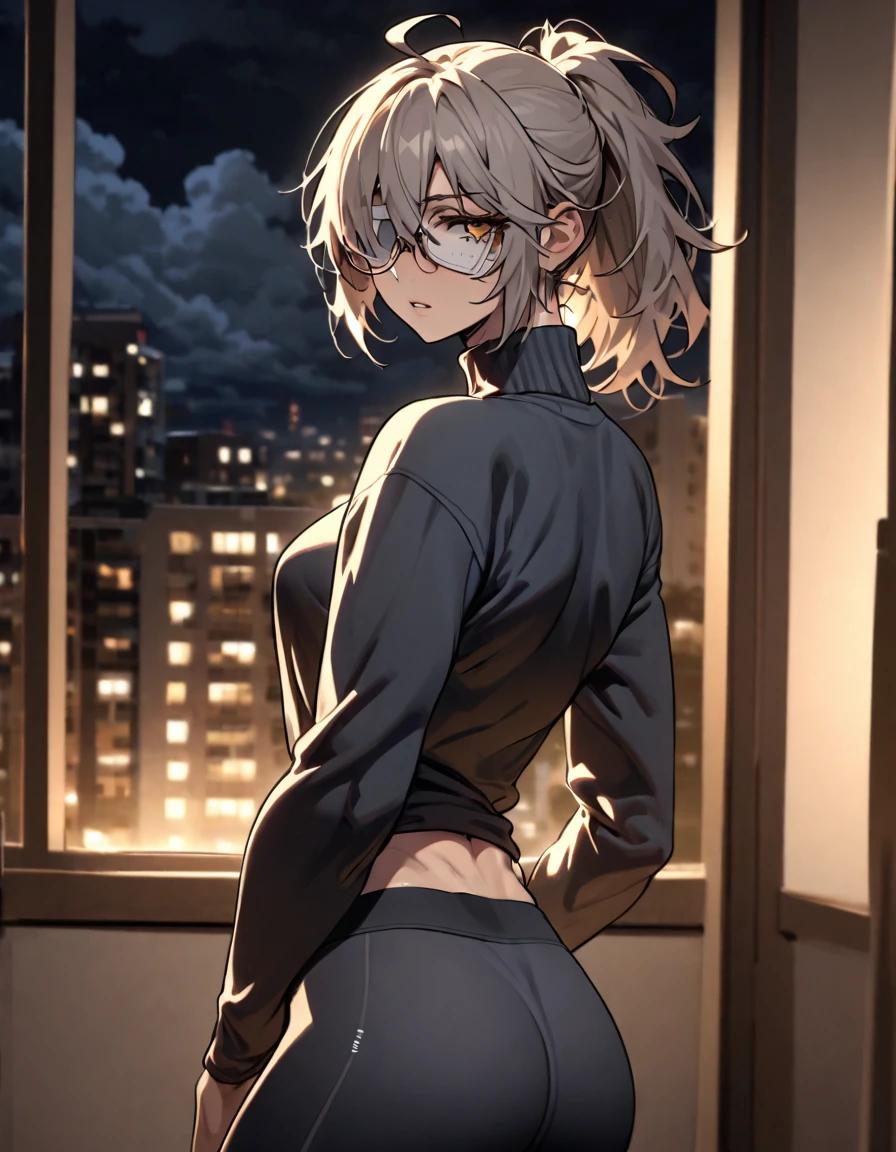 mature, golden eyes, looking at viewer, female, apartment background, messy hair, grey shoulder-length hair, ponytail, parted lips, hair between eyes, ahoge, emotionless, tired eyes, standing, from behind, yoga pants, turtleneck shirt, medical eye patch, comfy clothes, glasses, night, cloudy, toned