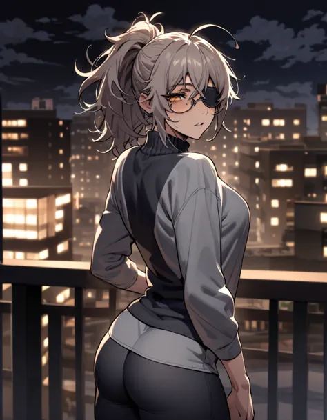 mature, golden eyes, looking at viewer, female, apartment background, messy hair, grey shoulder-length hair, ponytail, parted li...