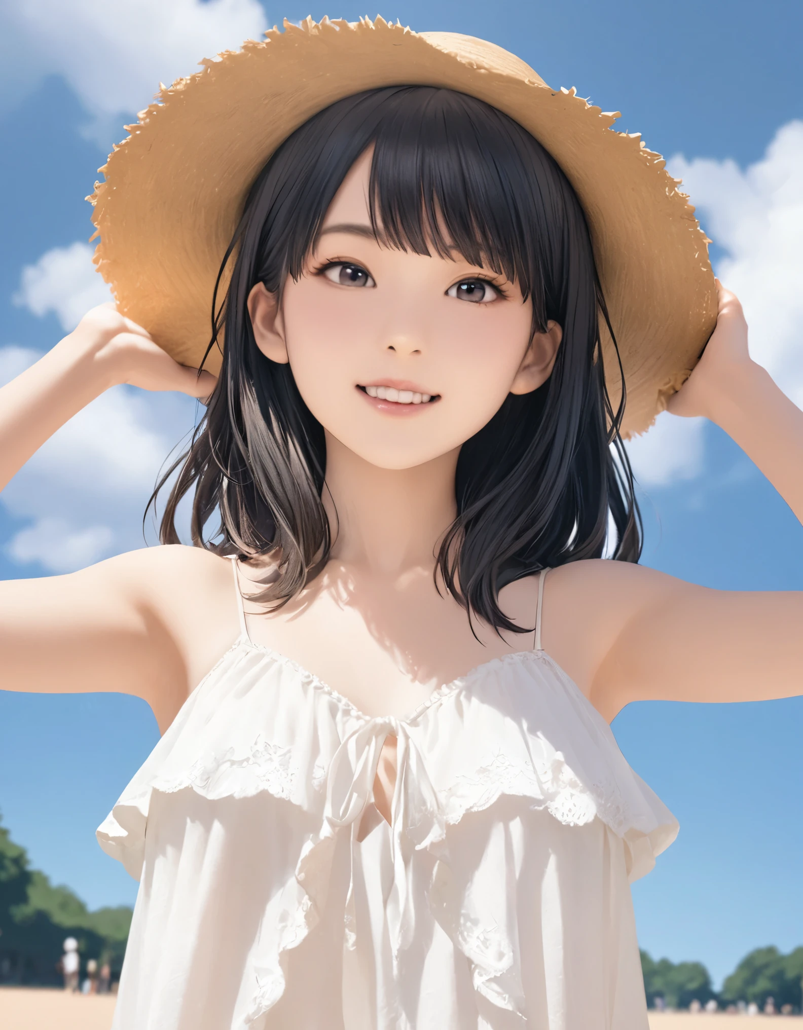 (best quality:1.2), 1girl, Ueno Park, summer, upper body shot, shoot from front