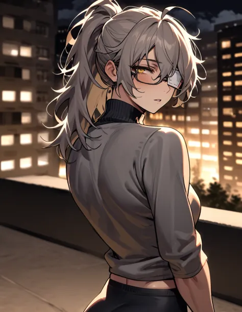 mature, golden eyes, looking at viewer, female, apartment background, messy hair, grey shoulder-length hair, ponytail, parted li...