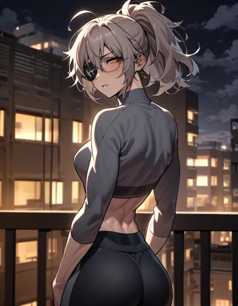 mature, golden eyes, looking at viewer, female, apartment background, messy hair, grey shoulder-length hair, ponytail, parted li...