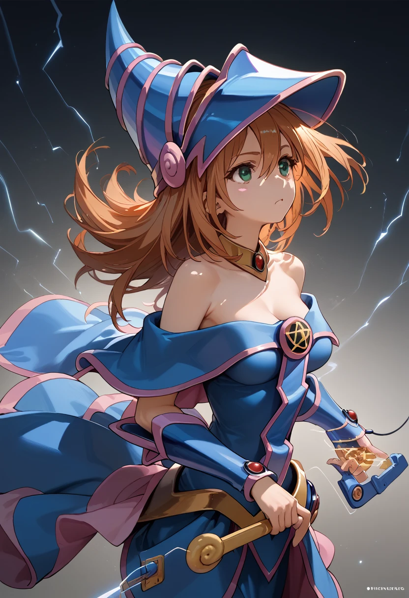 (masterpiece:1.2), (The best quality:1.2), perfect lighting, Mikoto Misaka (dressed as Dark Magician Girl) casting a spell, floating in the air, neckline, magic background. Wearing blue robe, big hat, electromancer, electrical energy