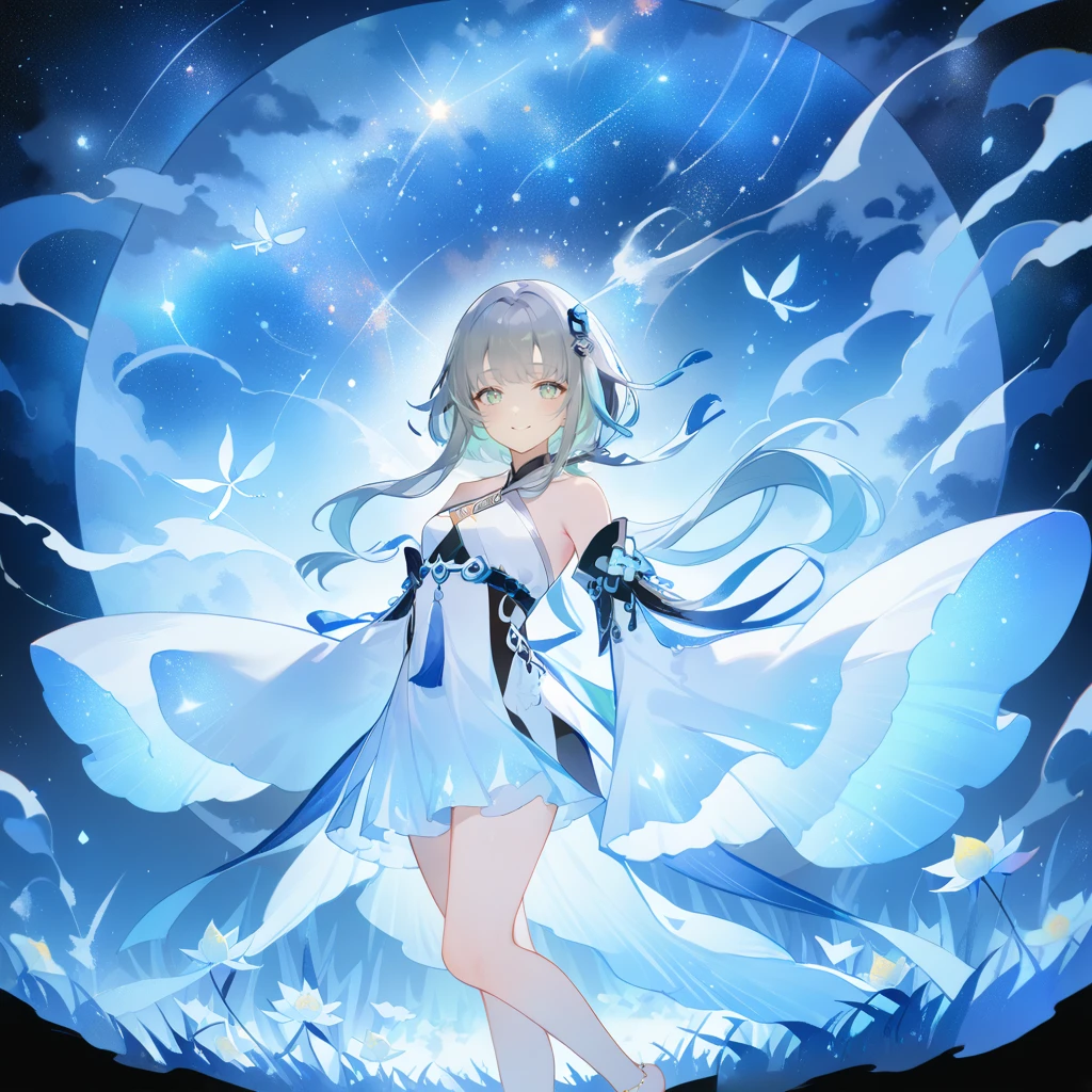 score_9, score_8_up, score_7_up, score_6_up,1girl, guizhong_\(genshin_impact\),(grey hair),short_hair_with_long_locks in front and low ponytail in back,gradient_hair,(pale grey eyes with seafoam gradient),starry_sky_print,detached_sleeves white outside blue starry inside, hands completely hidden by long sleeves,stunning field of softly glowing cerulean and white glaze lilies,night scene,gentle smile,face focus, eye focus,ladyshadow,moonlight,glossy lips,vivid anime coloring,cel shading,smooth, soft dreamy focus,anklet,halter_top,white clothes,highly detailed,digital painting,bare_shoulders,barefoot,cool night tones, magical night scene,geo crystalflies,professional,anemo colored fireflies,nebula of stardust and silvery vapor,harmonious blend of nature and art,transcendent beauty,awe-inspiring artwork,(best quality,4k,8k,highres,masterpiece:1.2),yunamaro,carnelian,dsmile,cosmic stardust,guizhong, guizhong's def clothes, 1girl, long hair, blue eyes, barefoot, guizhong's dress, hair ornament, chinese clothes, sleeves past fingers,