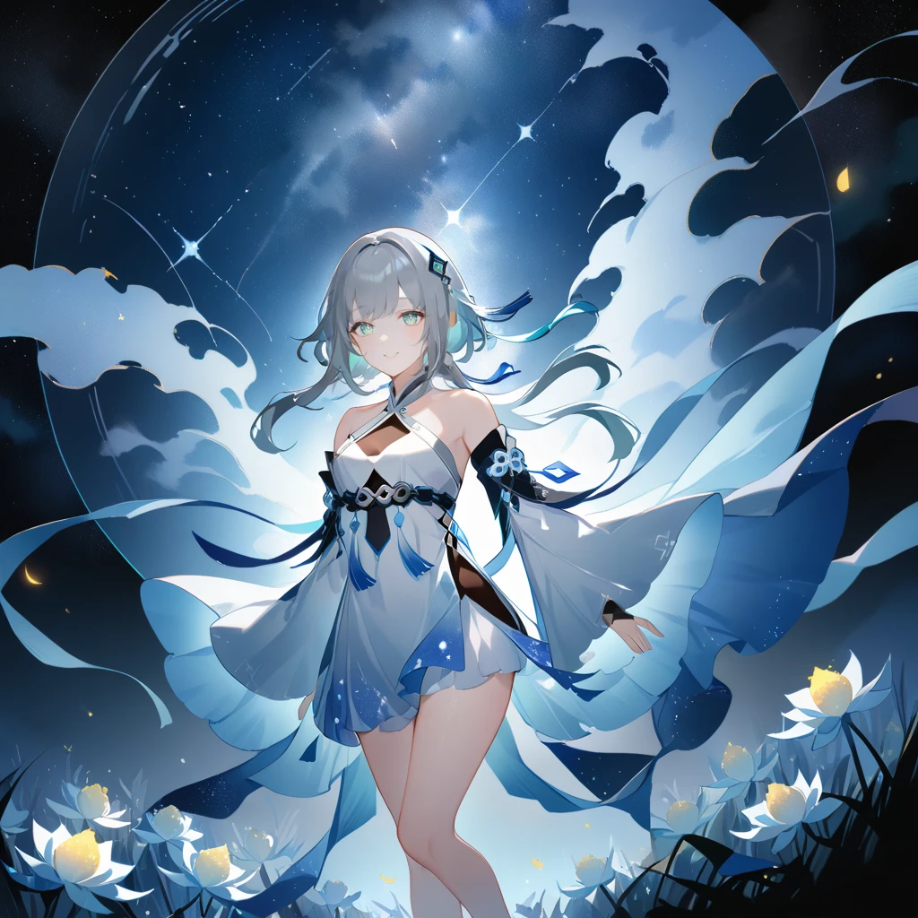 score_9, score_8_up, score_7_up, score_6_up,1girl, guizhong_\(genshin_impact\),(grey hair),short_hair_with_long_locks in front and low ponytail in back,gradient_hair,(pale grey eyes with seafoam gradient),starry_sky_print,detached_sleeves white outside blue starry inside, hands completely hidden by long sleeves,stunning field of softly glowing cerulean and white glaze lilies,night scene,gentle smile,face focus, eye focus,ladyshadow,moonlight,glossy lips,vivid anime coloring,cel shading,smooth, soft dreamy focus,anklet,halter_top,white clothes,highly detailed,digital painting,bare_shoulders,barefoot,cool night tones, magical night scene,geo crystalflies,professional,anemo colored fireflies,nebula of stardust and silvery vapor,harmonious blend of nature and art,transcendent beauty,awe-inspiring artwork,(best quality,4k,8k,highres,masterpiece:1.2),yunamaro,carnelian,dsmile,cosmic stardust,guizhong, guizhong's def clothes, 1girl, long hair, blue eyes, barefoot, guizhong's dress, hair ornament, chinese clothes, sleeves past fingers,