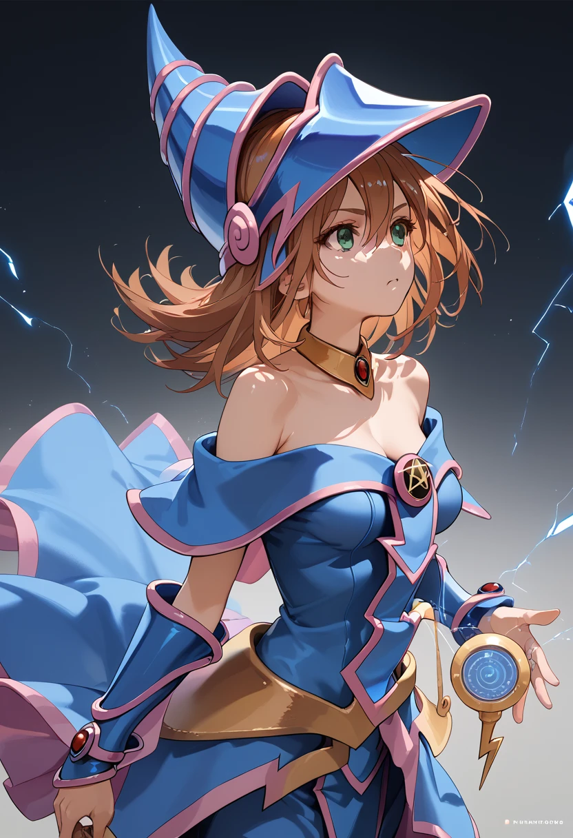 (masterpiece:1.2), (The best quality:1.2), perfect lighting, Mikoto Misaka (dressed as Dark Magician Girl) casting a spell, floating in the air, neckline, magic background. Wearing blue robe, big hat, electromancer, electrical energy, ((short brown hair))