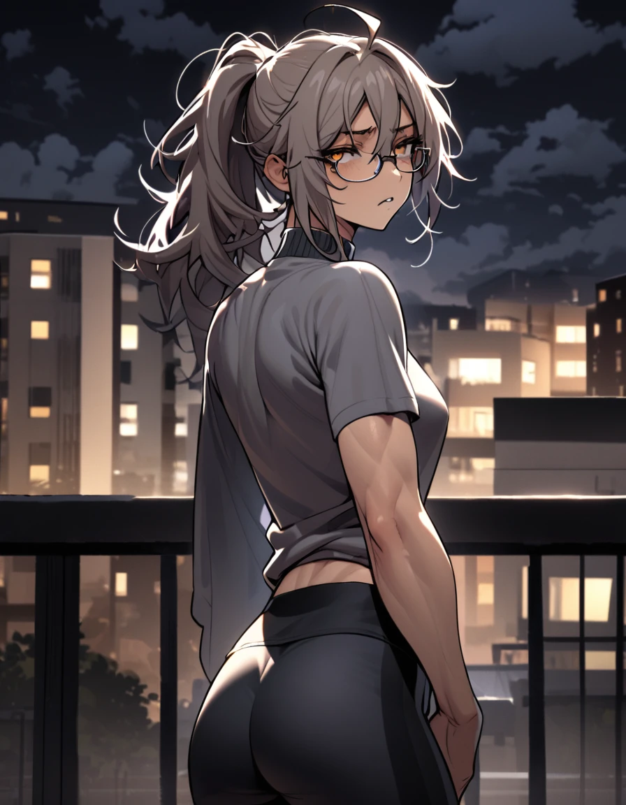 mature, golden eyes, looking at viewer, female, apartment background, messy hair, grey shoulder-length hair, ponytail, parted lips, hair between eyes, ahoge, emotionless, tired eyes, standing, from behind, yoga shorts, turtleneck shirt, comfy clothes, glasses, night, cloudy, toned body, frown