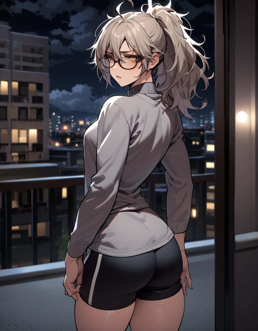 mature, golden eyes, looking at viewer, female, apartment background, messy hair, grey shoulder-length hair, ponytail, parted lips, hair between eyes, ahoge, emotionless, tired eyes, standing, from behind, yoga shorts, turtleneck shirt, comfy clothes, glasses, night, cloudy, toned body, frown