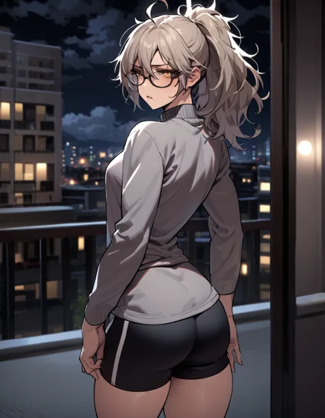 mature, golden eyes, looking at viewer, female, apartment background, messy hair, grey shoulder-length hair, ponytail, parted li...