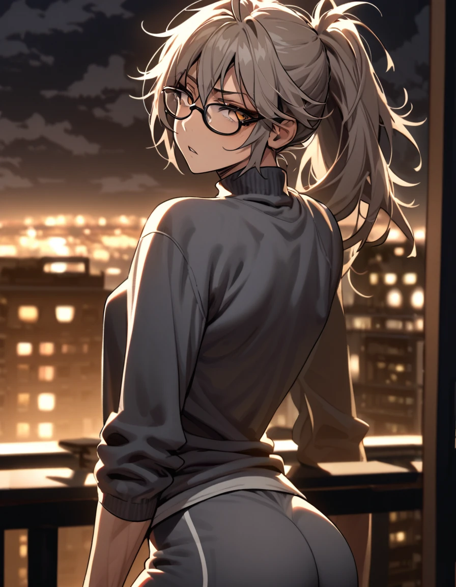 mature, golden eyes, looking at viewer, female, apartment background, messy hair, grey shoulder-length hair, ponytail, parted lips, hair between eyes, ahoge, emotionless, tired eyes, standing, from behind, yoga shorts, turtleneck shirt, comfy clothes, glasses, night, cloudy, toned body, frown