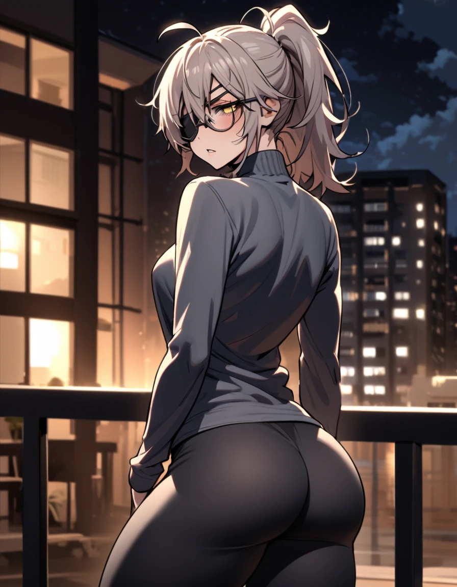 mature, golden eyes, looking at viewer, female, apartment background, messy hair, grey shoulder-length hair, ponytail, parted lips, hair between eyes, ahoge, emotionless, tired eyes, standing, from behind, yoga pants, turtleneck shirt, medical eye patch, comfy clothes, glasses, night, cloudy, very slim but curvy, frown