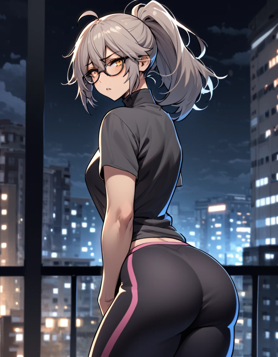 mature, golden eyes, looking at viewer, female, apartment background, messy hair, grey shoulder-length hair, ponytail, parted lips, hair between eyes, ahoge, emotionless, tired eyes, standing, from behind, yoga shorts, turtleneck shirt, comfy clothes, glasses, night, cloudy, very slim but curvy, frown