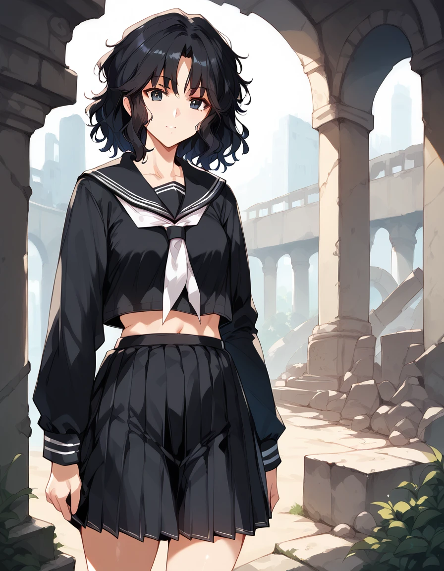 score_9, score_8_up, score_7_up, unaestheticXLv31, masterpiece, ultra-detailed, nsfw, Shiny skin, pretty eyes, BREAK, Black serafuku, long Sleeves, tanding, kaoru tanamachi, black eyes, black hair, messy hair, ruins
