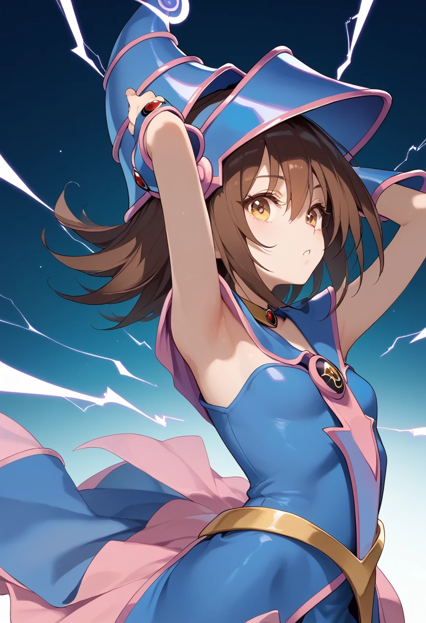 (masterpiece:1.2), (The best quality:1.2), perfect lighting, Mikan Yuuki (dressed as Dark Magician Girl) (arms raised up to cast a spell), floating in the air, neckline, magic background. small chest, Wearing blue robe, big hat, electromancer, electrical energy, ((short brown hair)), (amber eyes), 