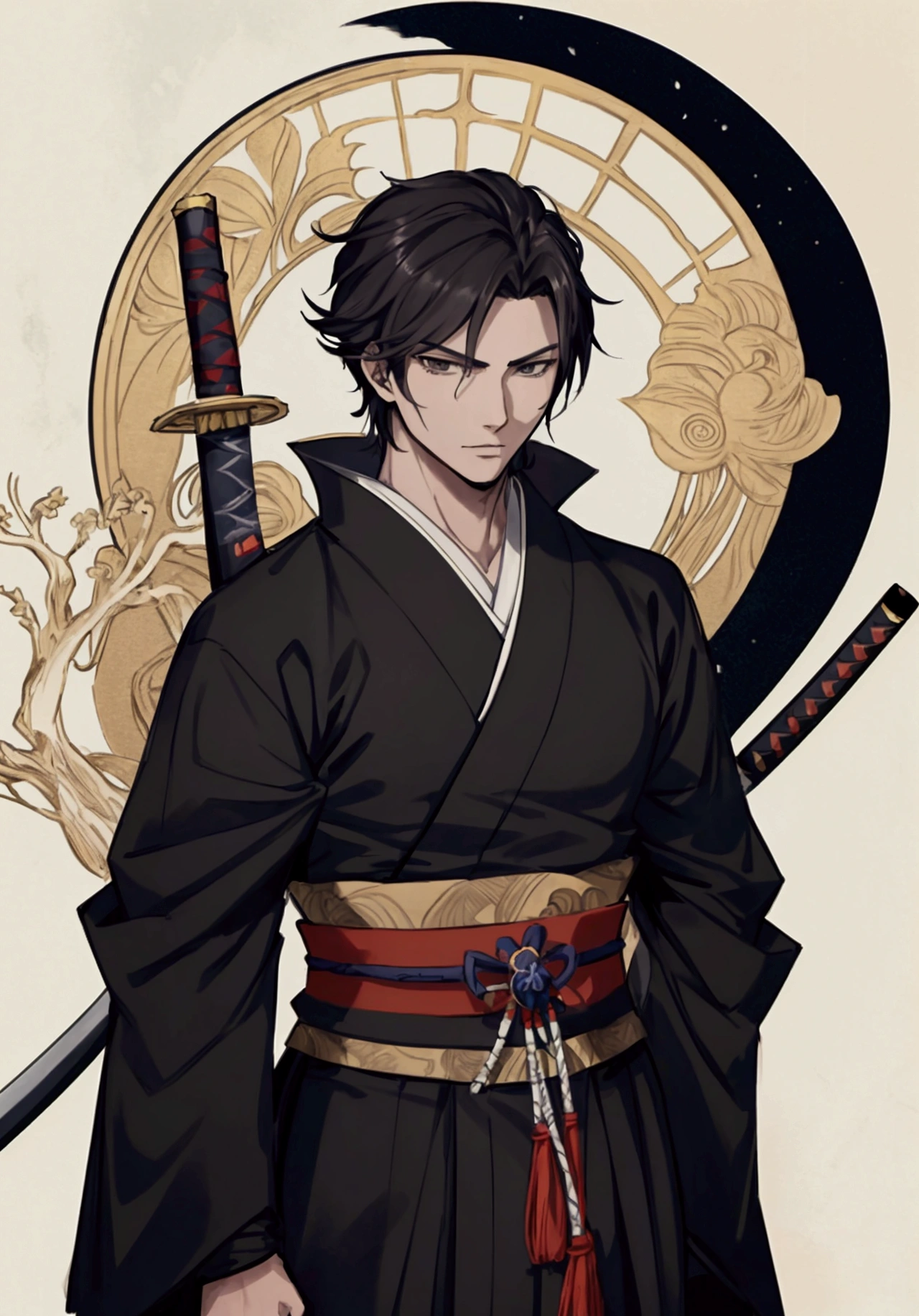 (Masterpiece), ((Highest Quality)),(Official Art),dark epic:1.2),(1 solo anime man: 1.3). A stoic samurai man with tied hime cut, black hair, black eyes, and Japanese armor. He is brandishing a katana while shrouded in shadows. Detailed picture. Detailed eyes. Masculine jaw. Soft fairytale picture Arthur Rackham-style. Colorful, best detailed ((super detailed)), (highly detailed 2D anime man illustration), ((dark and beautiful))