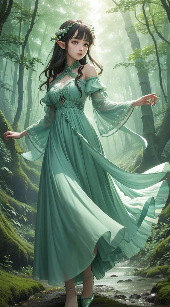 (Masterpiece, Top Quality, Best, Official Art, Beautiful and Aesthetic, Long Exposure: 1.2), Smooth Movement, Charming Patterns, 1 Girl, (Long Dress with Sleeves: 1.3), (((Green Clothes) )), upper body close-up, bare shoulders, Chinese girl, blush, black lob hair, portrait, solo, upper body, looking at the observer, detailed background, detailed face, (crystallineAI, crystalline theme:1.1), elemental wood elf, rotation foliage, control foliage, emerald clothing, dynamic pose, floating particles, ethereal dynamics, foliage, vapor, forest in the background, green tint, forest, ethereal atmosphere,