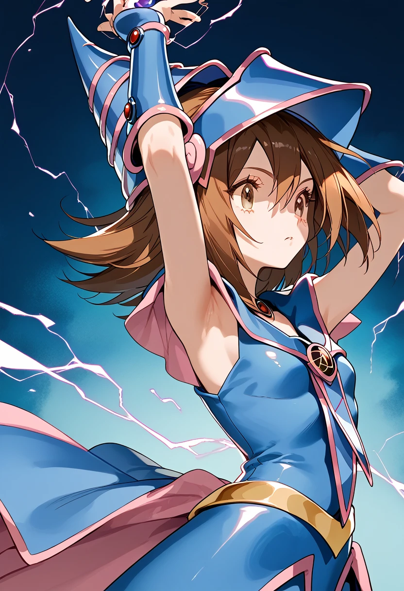 (masterpiece:1.2), (The best quality:1.2), perfect lighting, Misty from Pokemon (dressed as Dark Magician Girl) (arms raised up to cast a spell), floating in the air, neckline, magic background. small chest, Wearing blue robe, big hat, electromancer, electrical energy, ((short brown hair)), (brown eyes), 