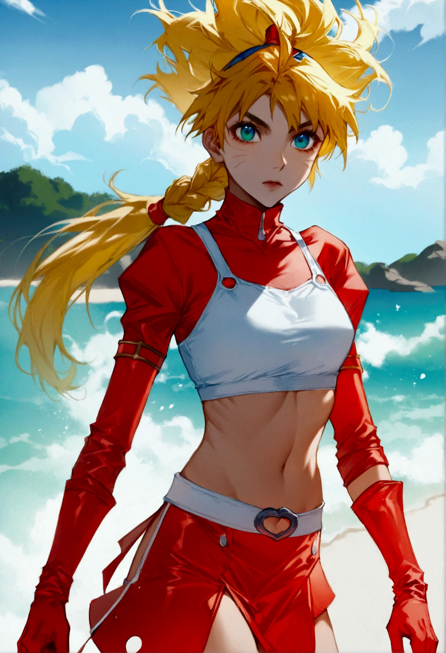 (Whole body view), (Kid from Chrono Cross:1.4), (chrono cross Kid:1.4), yellow hair in high ponytail braid, big sapphire blue eyes, tight red micro skirt with high front slit, (red micro skirt:1.3), high cropped red jacket with short sleeves, (red jacket:1.3), 3/4 cropped short-sleeved jacket, wearing skin-tight white sports bra under jacket, (tight white sports bra), loose leather ankle boots, very slender toned frame, medium bust, pale white skin, (pair of white claw marks on both inner thighs) , fierce expression, 1/4 walking pose, on a white sand beach with ocean spray shooting up behind her