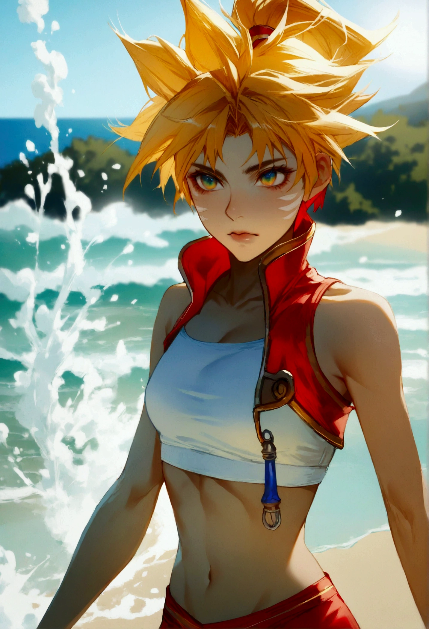 (Whole body view), (Kid from Chrono Cross:1.4), (chrono cross Kid:1.4), yellow hair in high ponytail braid, big sapphire blue eyes, tight red micro skirt with high front slit, (red micro skirt:1.3), high cropped red jacket with short sleeves, (red jacket:1.3), 3/4 cropped short-sleeved jacket, wearing skin-tight white sports bra under jacket, (tight white sports bra), loose leather ankle boots, very slender toned frame, medium bust, pale white skin, (pair of white claw marks on both inner thighs) , fierce expression, 1/4 walking pose, on a white sand beach with ocean spray shooting up behind her