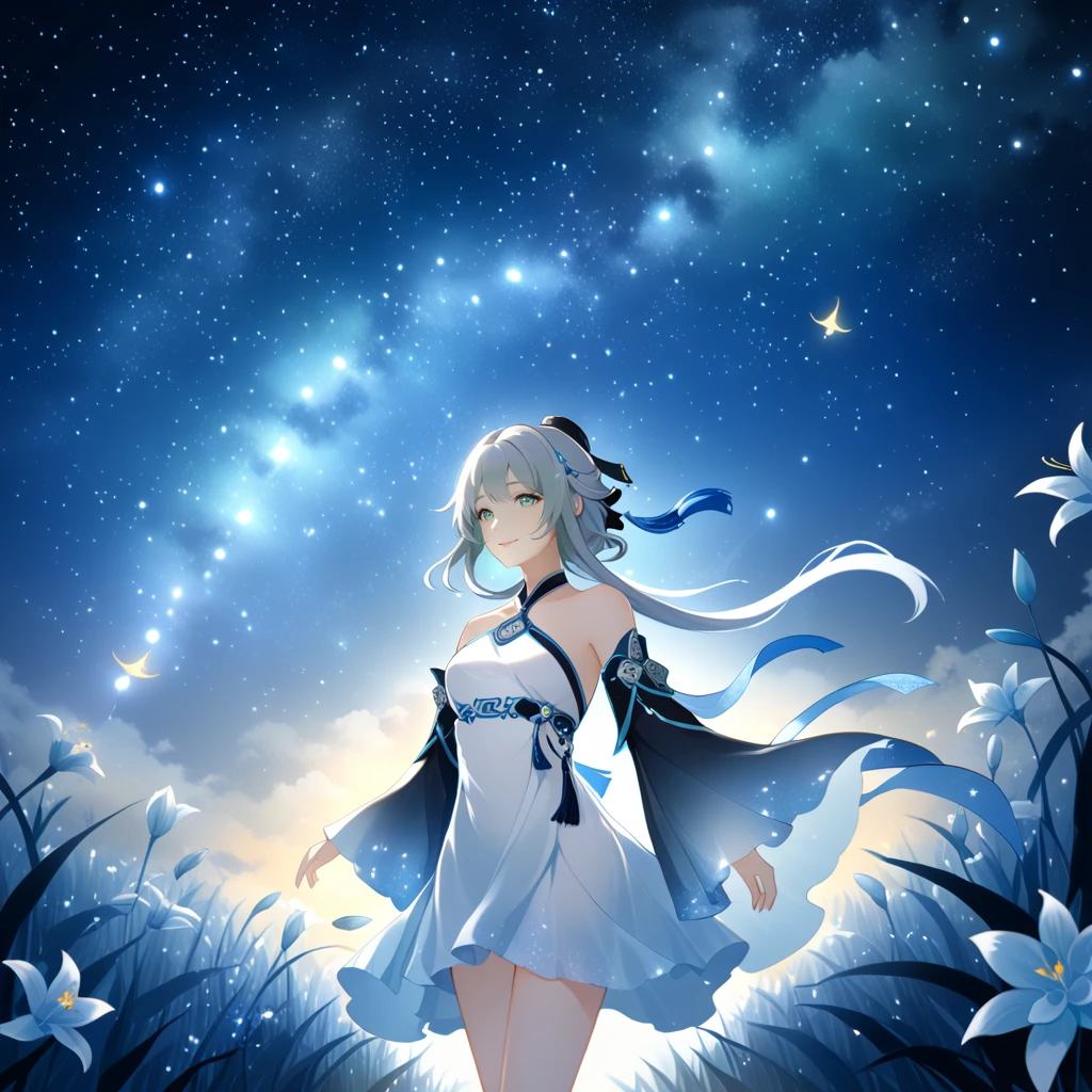 score_9, score_8_up, score_7_up, score_6_up,1girl, guizhong_\(genshin_impact\),(grey hair),short_hair_with_long_locks in front and low ponytail in back,gradient_hair,(pale grey eyes with seafoam gradient),starry_sky_print,detached_sleeves white outside blue starry inside, hands completely hidden by long sleeves,stunning field of softly glowing cerulean and white glaze lilies,night scene,gentle smile,face focus, eye focus,ladyshadow,moonlight,glossy lips,vivid anime coloring,cel shading,smooth, soft dreamy focus,anklet,halter_top,white clothes,highly detailed,digital painting,bare_shoulders,barefoot,cool night tones, magical night scene,geo crystalflies,professional,anemo colored fireflies,nebula of stardust and silvery vapor,harmonious blend of nature and art,transcendent beauty,awe-inspiring artwork,(best quality,4k,8k,highres,masterpiece:1.2),yunamaro,carnelian,dsmile,cosmic stardust,guizhong, guizhong's def clothes, 1girl, long hair, blue eyes, barefoot, guizhong's dress, hair ornament, chinese clothes, sleeves past fingers,