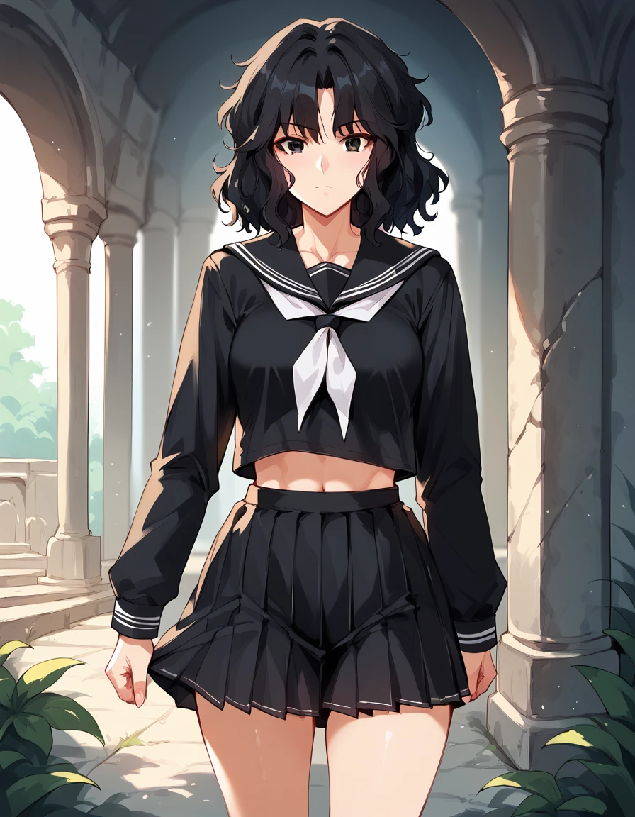 score_9, score_8_up, score_7_up, unaestheticXLv31, masterpiece, ultra-detailed, nsfw, Shiny skin, pretty eyes, BREAK, Black serafuku, long Sleeves, tanding,, kaoru tanamachi, black eyes, black hair, messy hair, ruins