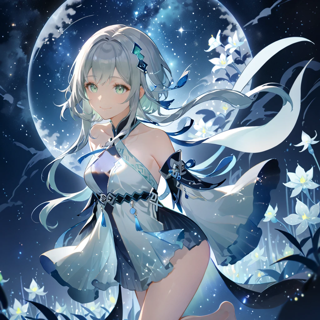 score_9, score_8_up, score_7_up, score_6_up,1girl, guizhong_\(genshin_impact\),(grey hair),short_hair_with_long_locks in front and low ponytail in back,gradient_hair,(pale grey eyes with seafoam gradient),starry_sky_print,detached_sleeves white outside blue starry inside, hands completely hidden by long sleeves,stunning field of softly glowing cerulean and white glaze lilies,night scene,gentle smile,face focus, eye focus,ladyshadow,moonlight,glossy lips,vivid anime coloring,cel shading,smooth, soft dreamy focus,anklet,halter_top,white clothes,highly detailed,digital painting,bare_shoulders,barefoot,cool night tones, magical night scene,geo crystalflies,professional,anemo colored fireflies,nebula of stardust and silvery vapor,harmonious blend of nature and art,transcendent beauty,awe-inspiring artwork,(best quality,4k,8k,highres,masterpiece:1.2),yunamaro,carnelian,dsmile,cosmic stardust,guizhong, guizhong's def clothes, 1girl, long hair, blue eyes, barefoot, guizhong's dress, hair ornament, chinese clothes, sleeves past fingers,