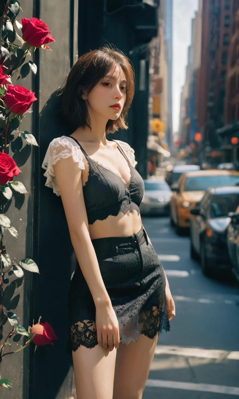 girl,1 female, Delicate eyes,Delicate face , Thigh details, On the streets of New York, Detailed background, Movie Shadows, Dramatic Lighting by Bill Sienkiewicz,XXMix _girl, Aesthetic portrait, Low angle shot of cowboy, Tight vest, (Field of Roses :1.4),
(Puff sleeves:1.3), lace mini skirt, Model pose,