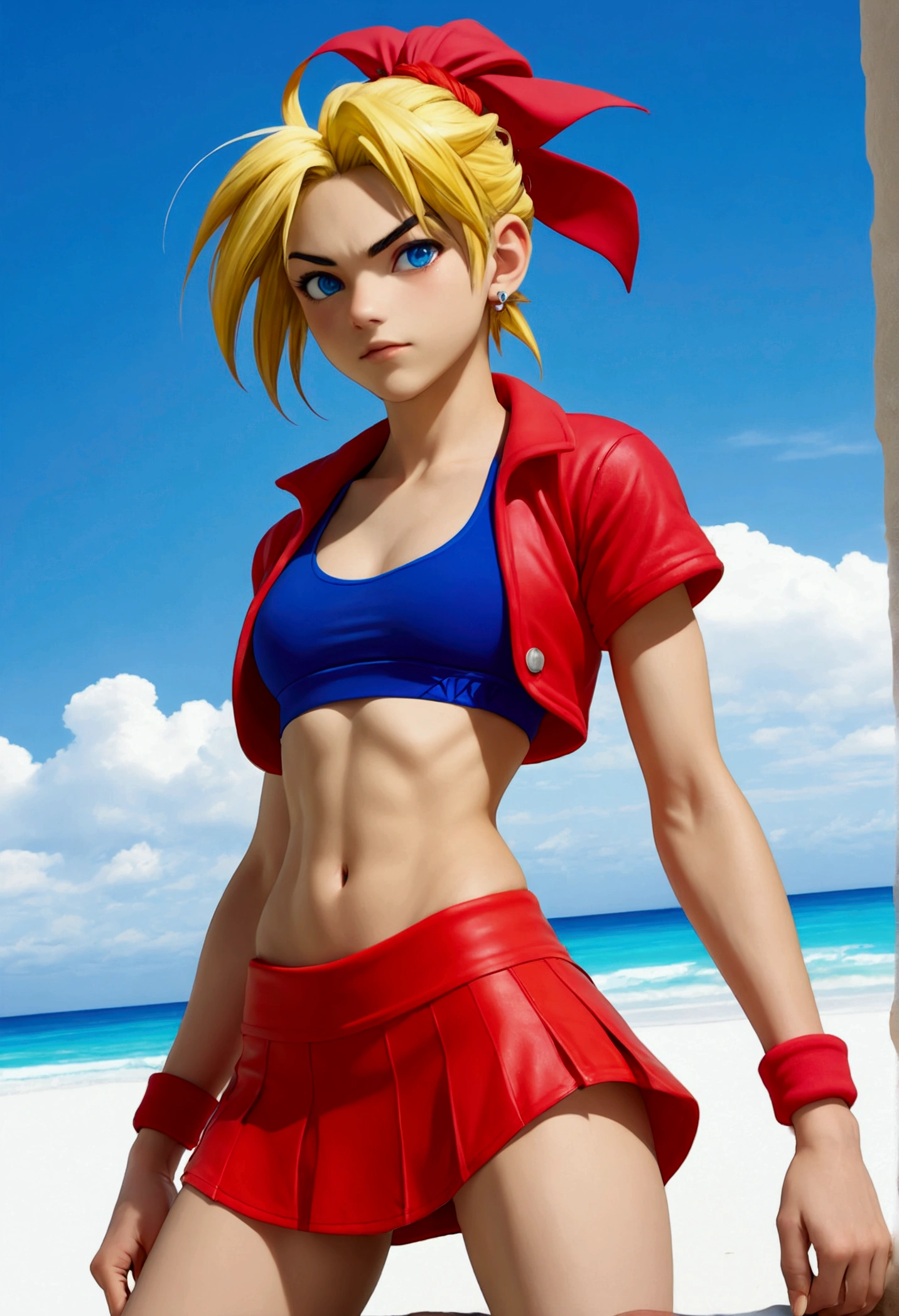 (Whole body view), (Kid from Chrono Cross:1.4), (chrono cross Kid:1.4), yellow hair in high ponytail braid, big sapphire blue eyes, tight red micro skirt with high front slit, (red micro skirt:1.3), high cropped red jacket with short sleeves, (red jacket:1.3), 3/4 cropped short-sleeved jacket, wearing skin-tight white sports bra under jacket, (tight white sports bra), loose leather ankle boots, very slender toned frame, medium bust, pale white skin, (pair of white claw marks on both inner thighs) , fierce expression, 1/4 walking pose, on a white sand beach with ocean spray shooting up behind her