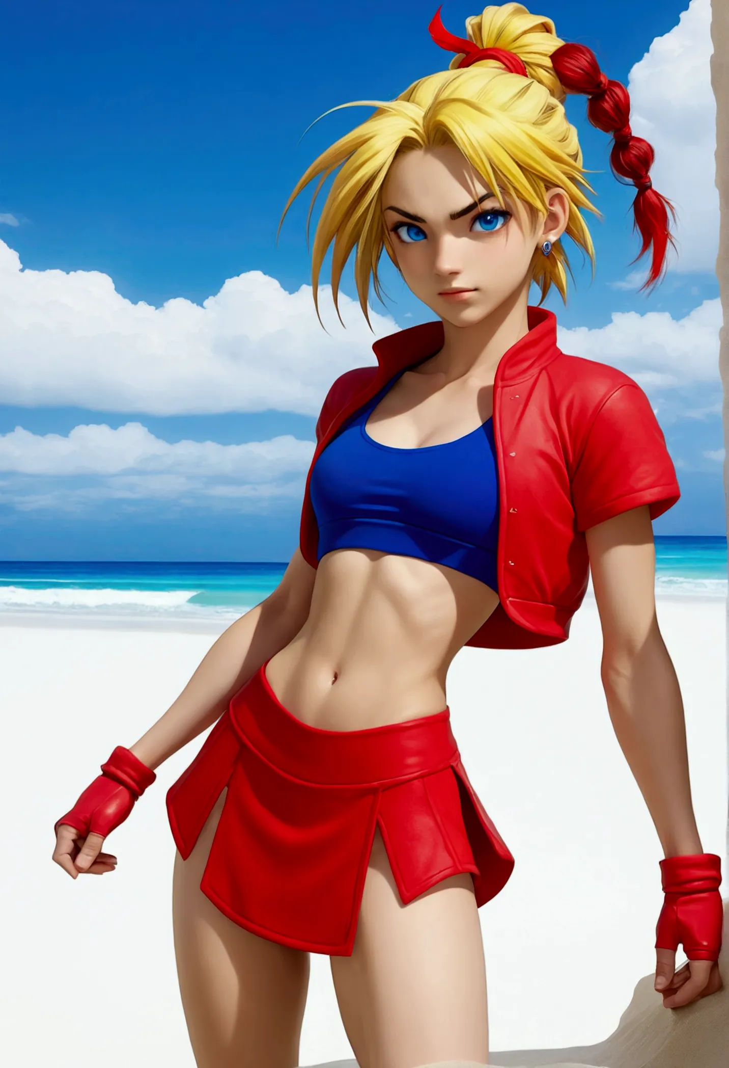 (whole body view), (kid from chrono cross:1.4), (chrono cross kid:1.4), yellow hair in high ponytail braid, big sapphire blue ey...