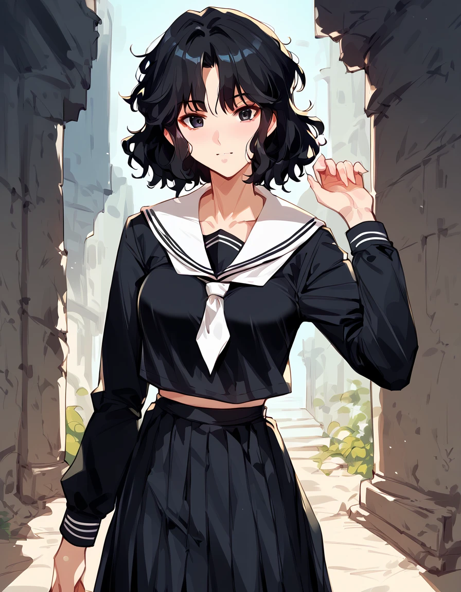 score_9, score_8_up, score_7_up, unaestheticXLv31, masterpiece, ultra-detailed, nsfw, Shiny skin, pretty eyes, BREAK, Black serafuku, long Sleeves, tanding,, kaoru tanamachi, black eyes, black hair, messy hair, ruins