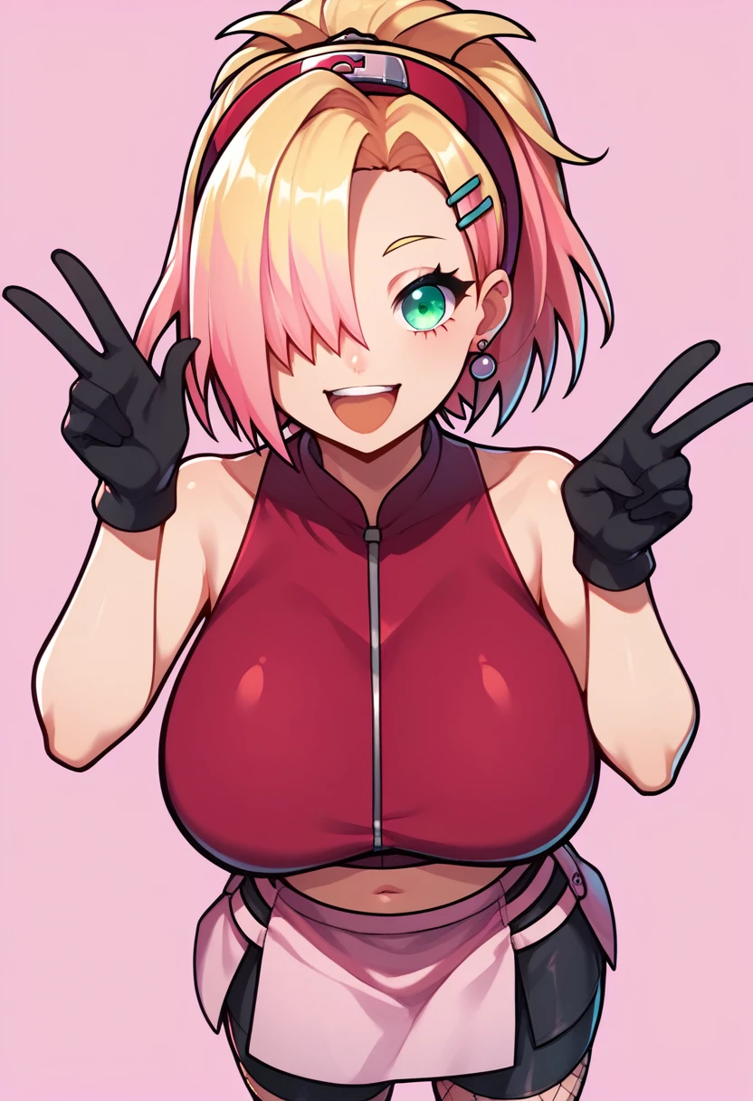 score_9, score_8_up, score_7_up,score_6_up, score_5_up, score_4_up , 1girl, solo, huge breasts,  spl1th41r, two tone hair, ((Split hair)), ((pink hair)), ((blonde hair)). heterochromia, green eyes and blue eyes, haruno sakura, pink hair, short, hair, green eyes, forehead protector, sleeveless, red shirt, bike shorts, shorts, black gloves, yamanaka ino, hair over one eye, ponytail, hairclip, blue eyes, purple crop top, sleeveless, purple skirt, fishnets, earrings, happy, cowboy shot, simple background