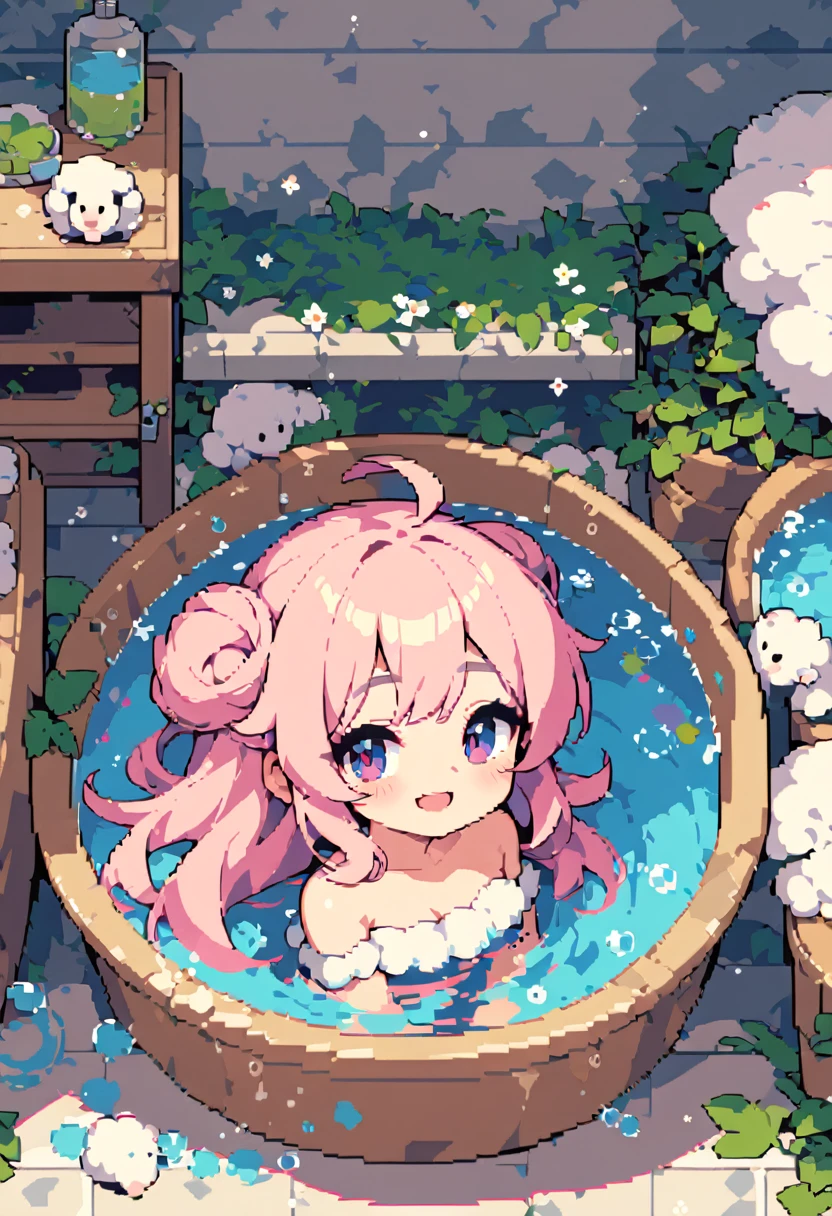 masterpiece, Highest quality, 8k, Pixel art, Pixel art, Vivid, Sheep, woman, 若いwoman, smile, cute, Directed at an angle, Open your mouth, Fluffy hair, Long Hair, Hair like sheep's hair, Pink Hair, eyebrow, 太いeyebrow, bath, Lots of bubbles