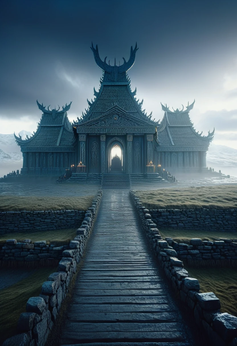 a dramatic and mystical scene of valhalla, the realm of the viking gods, a dimly lit gray world shrouded in mist, an ancient viking temple, the awe-inspiring presence of the great gods, dramatic professional lighting, professional camera, intricate details, cinematic composition, epic scale, muted color palette, moody atmosphere, photorealistic, 8k, best quality, masterpiece