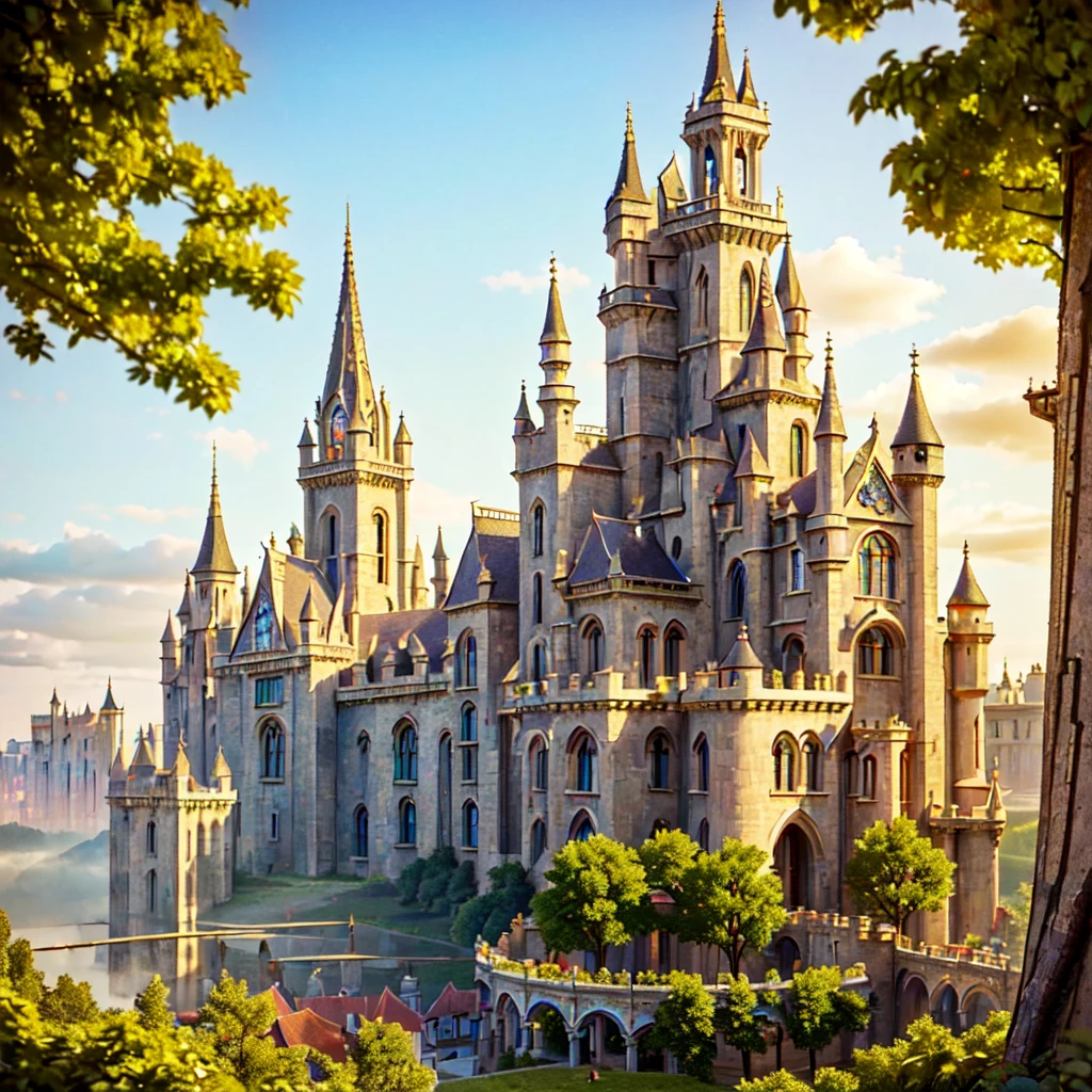 (((masterpiece, Highest quality, beautiful, luxury, Avalon, Victorian))), (fantasy castle, Theme park, Gothic, Fairy tale, Vibrant, mysterious, Surrounded by major towers, With gold accents that sparkle in the sunlight, Breathtaking)