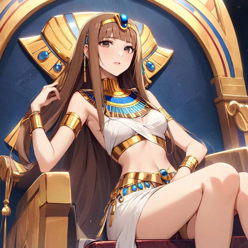 ((Highest quality)), ((masterpiece)), (detailed), （Perfect Face）、((The woman is wearing the golden mask of Tutankhamun))、The woman with the face of Tutankhamun in ancient Egypt is Asuna Yuuki with bright brown hair, semi-long hair, and a magnificent Tutankhamun face wearing a Tutankhamun hat. Her face is completely Tutankhamun and she is wearing clothes like Cleopatra.、The woman is dressed as Tutankhamun of ancient Egypt.、A woman sits on an ancient Egyptian throne and reigns with the golden face of Tutankhamun