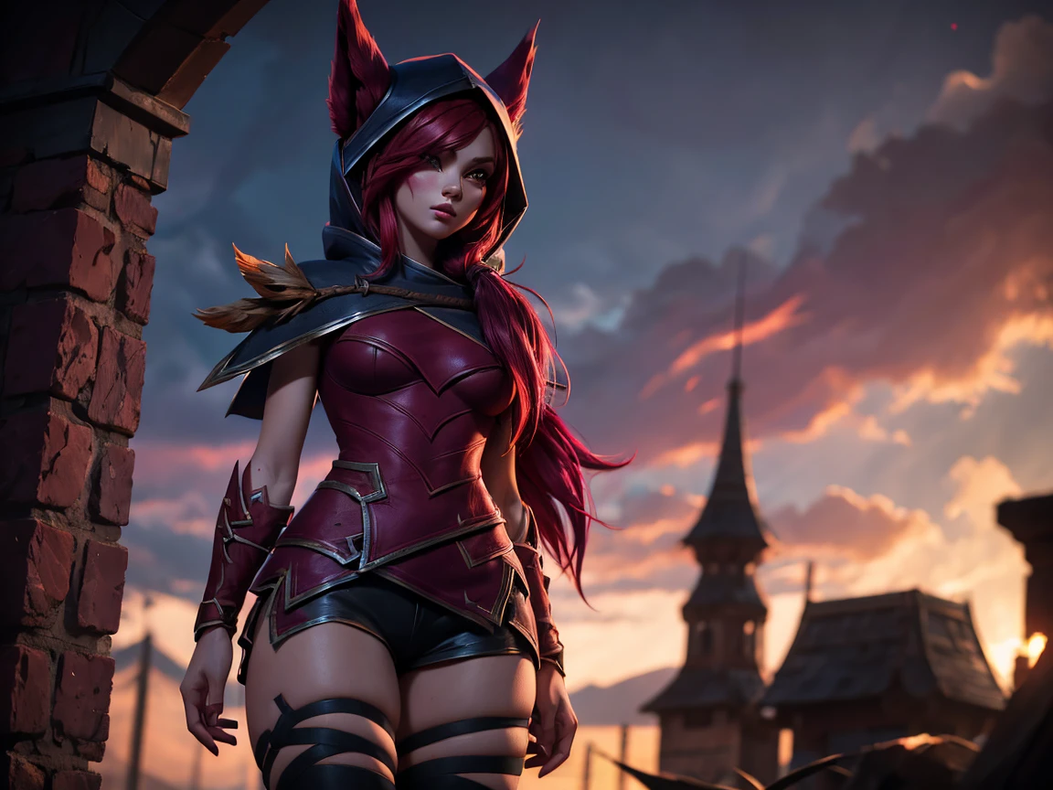 1 girl, 3d, afterimage, red hair, (hoodie), (cape), breasts, ((bare thighs)), pull clothes, Cowboy-shot, contrasting sleeves, looking down at viewer, xayah (League of Legends), lips, Long hair, medium breasts, alone, tight attire,