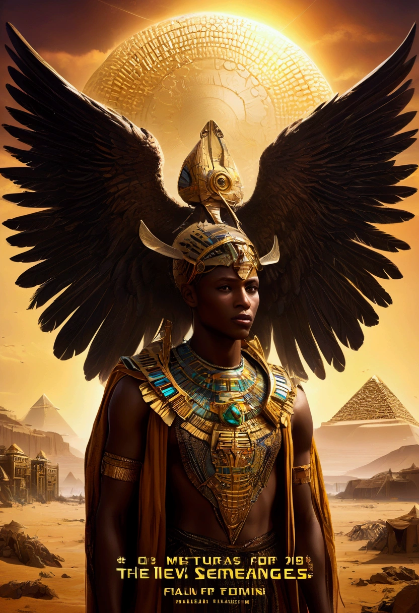 A stunning, ultra-realistic 32K masterpiece movie poster for the dramatic sci-fi film "GODS OF THE SERENGETI" with the subtitle "THE DIVINE TWINS: 1347". This backlit, high-detail poster features two twin majestic human-avian demigods with black African features, standing back to back. The demigods has elaborate feathered wings and high-tech regal armor adorned with intricate alien symbols. The background showcases a fantastical sci-fi landscape with pyramids under construction by a primitive species, vibrant skies, and distant mountains. The natural, dynamic color palette enhances the mystical, epic atmosphere. The bold, elegant alien-like font displays the title and subtitle prominently, with the author's name, 'TERRANCE JAMES', in Bold italic Times New Roman font. Featuring ray tracing reflections, Unreal Engine, HDR, and meticulous details for an ultra-high resolution image, poster, photo, cinematic, dark fantasy