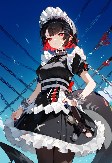 ,ellen, red eyes, black hair, short hair, colored inner hair, hairclip, ear piercing, fins, shark tail, maid headdress, hair orn...