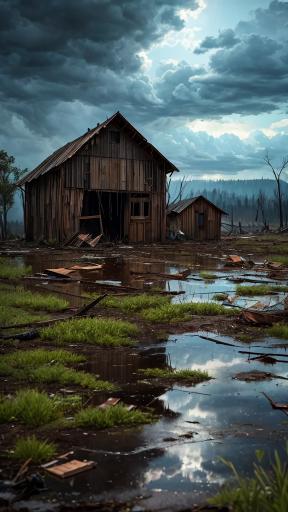 Imagine an unexpected disaster event. A wide open area of land，There are dark clouds overhead. The wind is howling, The rain began to pour down. In the distance, A tree struck by lightning，Start a small fire, Leaves and debris swirled in a growing storm. An old, Abandoned barn stands firm against the approaching storm, The once vibrant paint is now faded and peeling. Puddles began to form on the ground, Reflecting the chaotic scene overhead. This scene embodies the rawness and unpredictability of nature.