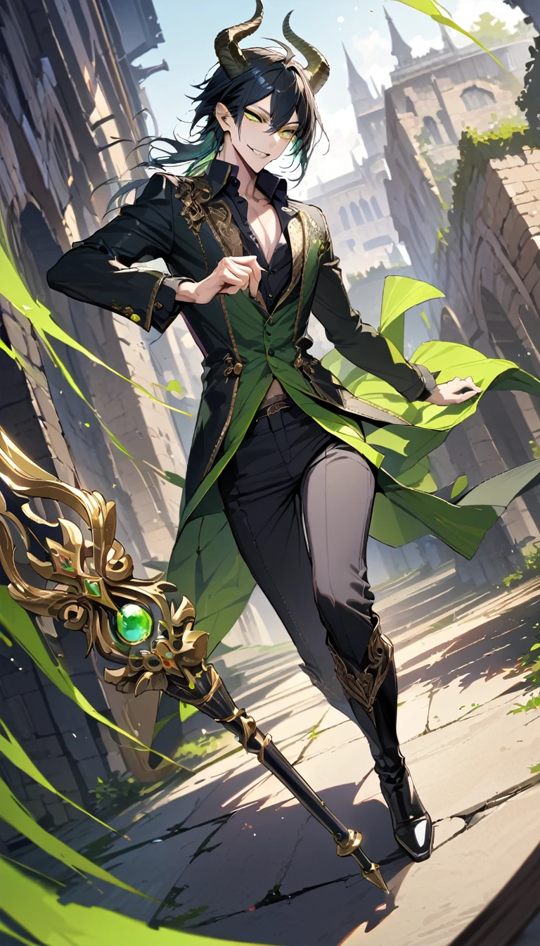 masterpiece, highres, absurdres, illustration, ((masterpiece:1.4, best quality)), (Ultra detailed background), full body shot, 1boy, magical long wand, Knee-high boots, unbuttoned shirt, handsome man, highly detailed beautiful face and eyes, beautiful eyes, (sharp detail:1.3), shiny, 1boy, dynamic angle, malleus draconia (twisted wonderland) horns, bishounen, boy, male, yana Toboso style, long hair, black hair, yellow green eyes, smile, gray lips, handsome, skinny, tall, yellow green glow,