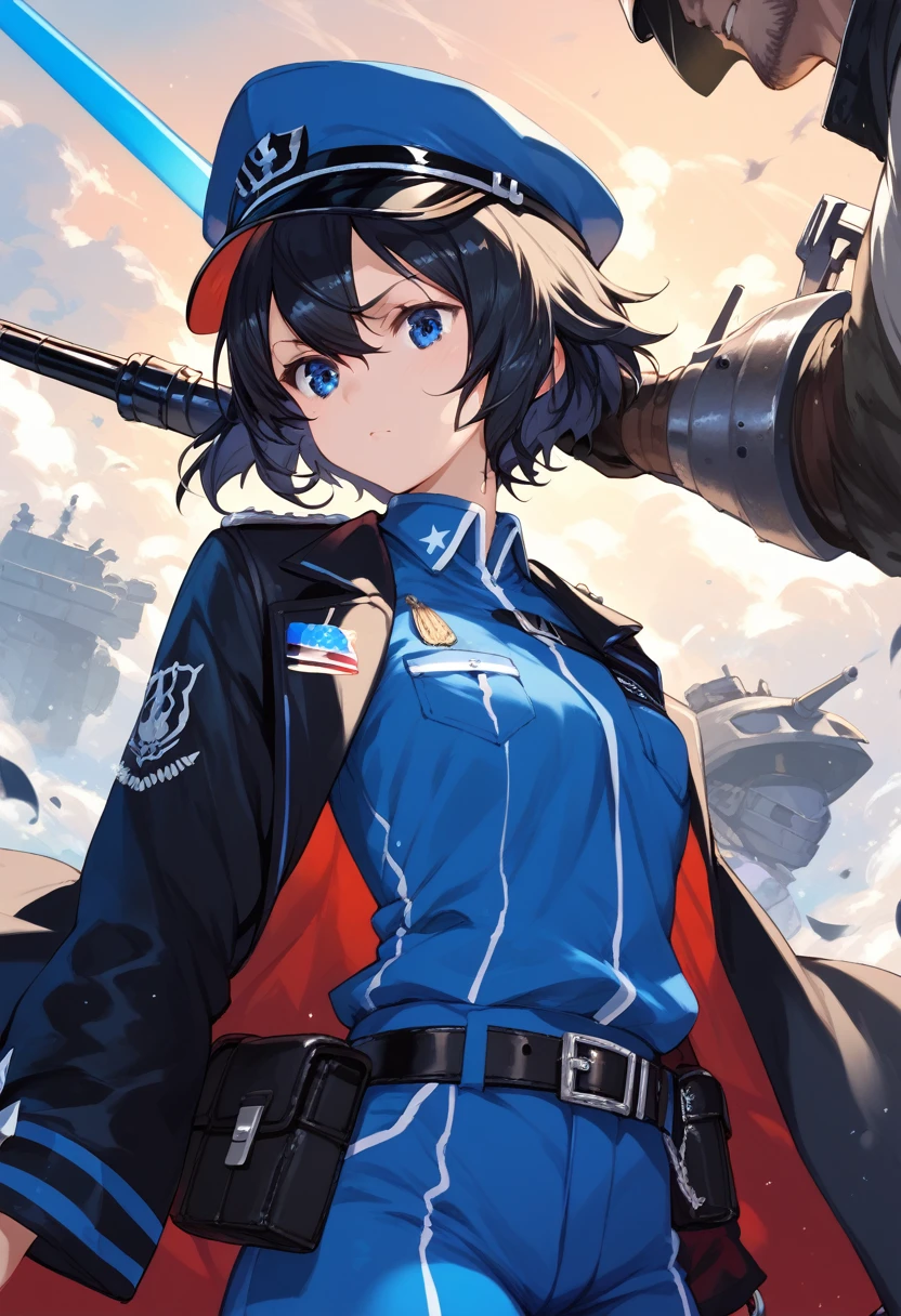 hunting, uniform, belt, black rock shooter, Black Hair, blue eyes, Black and blue accents, mercenary, Blue clothing trimming