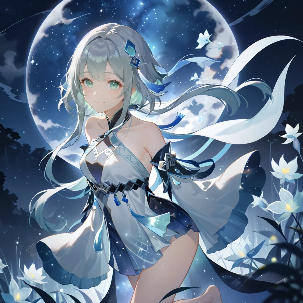 score_9, score_8_up, score_7_up, score_6_up,1girl, guizhong_\(genshin_impact\),(grey hair),short_hair_with_long_locks in front and low ponytail in back,gradient_hair,(pale grey eyes with seafoam gradient),starry_sky_print,detached_sleeves white outside blue starry inside, hands completely hidden by long sleeves,stunning field of softly glowing cerulean and white glaze lilies,night scene,gentle smile,face focus, eye focus,ladyshadow,moonlight,glossy lips,vivid anime coloring,cel shading,smooth, soft dreamy focus,anklet,halter_top,white clothes,highly detailed,digital painting,bare_shoulders,barefoot,cool night tones, magical night scene,geo crystalflies,professional,anemo colored fireflies,nebula of stardust and silvery vapor,harmonious blend of nature and art,transcendent beauty,awe-inspiring artwork,(best quality,4k,8k,highres,masterpiece:1.2),yunamaro,carnelian,dsmile,cosmic stardust,guizhong, guizhong's def clothes, 1girl, long hair, blue eyes, barefoot, guizhong's dress, hair ornament, chinese clothes, sleeves past fingers,