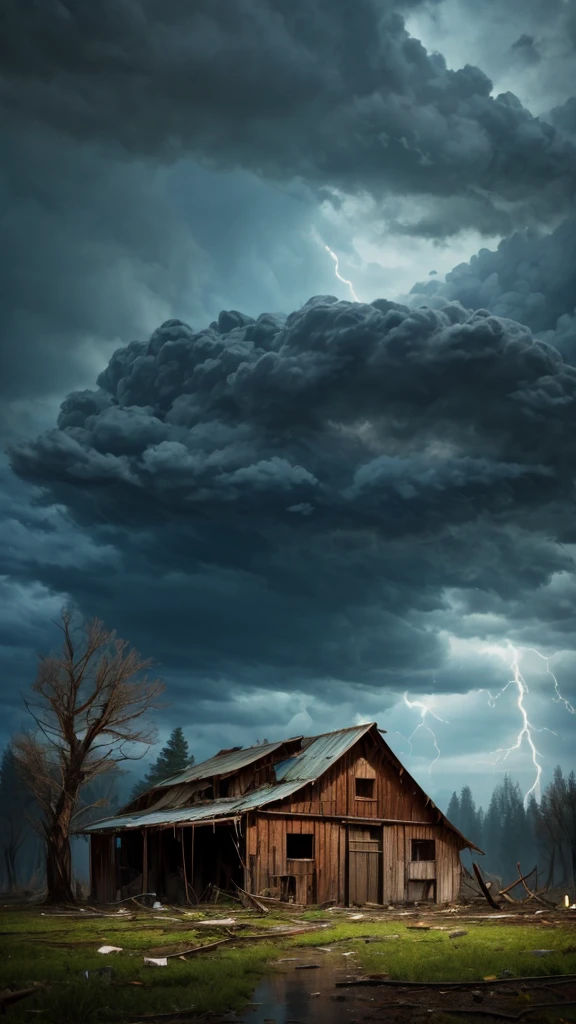 Imagine an unexpected disaster event. A wide open area of land，There are dark clouds overhead. The wind is howling, The rain began to pour down. In the distance, A tree struck by lightning，Start a small fire, Leaves and debris swirled in a growing storm. An old, Abandoned barn stands firm against the approaching storm, The once vibrant paint is now faded and peeling. Puddles began to form on the ground, Reflecting the chaotic scene overhead. This scene embodies the rawness and unpredictability of nature.