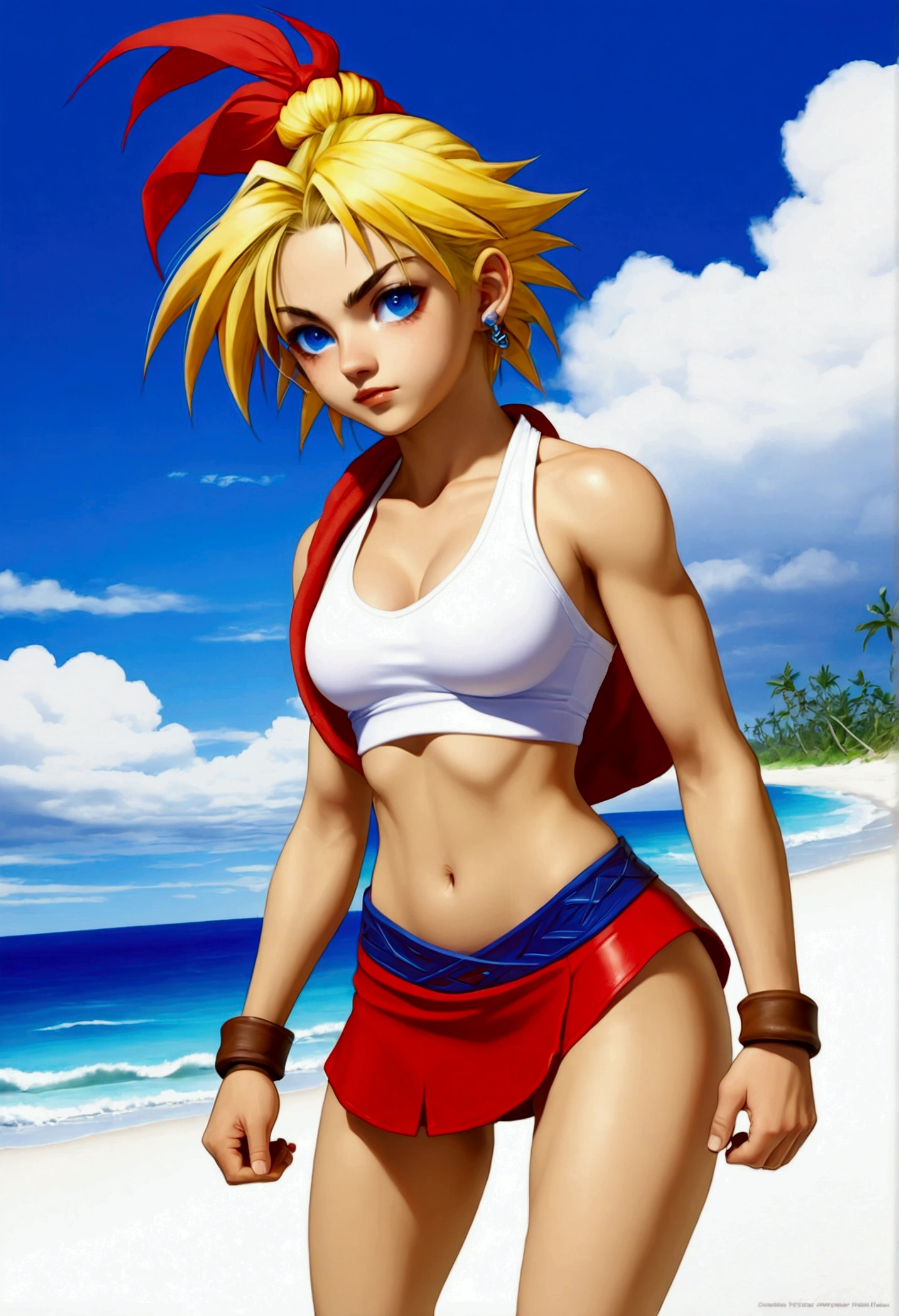 (promotional art), (Whole body view), (Kid from Chrono Cross:1.4), yellow hair in high ponytail braid segmented by red beads, sapphire blue eyes, very slender toned frame, medium bust, pale white skin, (pair of white claw marks on both inner thighs), fierce expression, BREAK: (tight red wrap around skirt with high front slit), high cropped red jacket with short sleeves, skin tight white sports bra under jacket, (tight white sports bra:1.25), loose leather ankle boots BREAK: 1/4 walking pose, on a white sand beach, ocean spray shooting up behind her