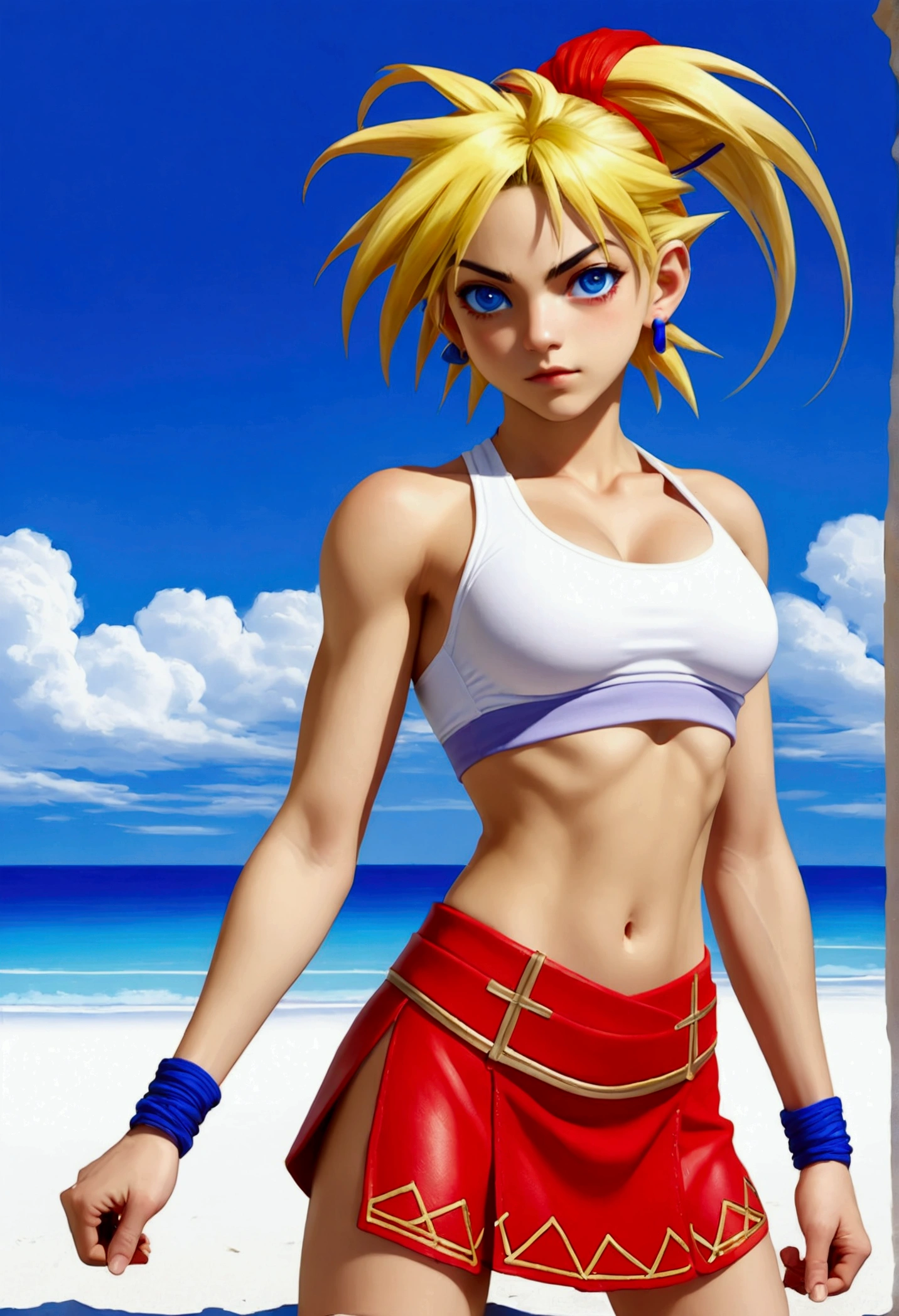 (promotional art), (Whole body view), (Kid from Chrono Cross:1.4), yellow hair in high ponytail braid segmented by red beads, sapphire blue eyes, very slender toned frame, medium bust, pale white skin, (pair of white claw marks on both inner thighs), fierce expression, BREAK: (tight red wrap around skirt with high front slit), high cropped red jacket with short sleeves, skin tight white sports bra under jacket, (tight white sports bra:1.25), loose leather ankle boots BREAK: 1/4 walking pose, on a white sand beach, ocean spray shooting up behind her