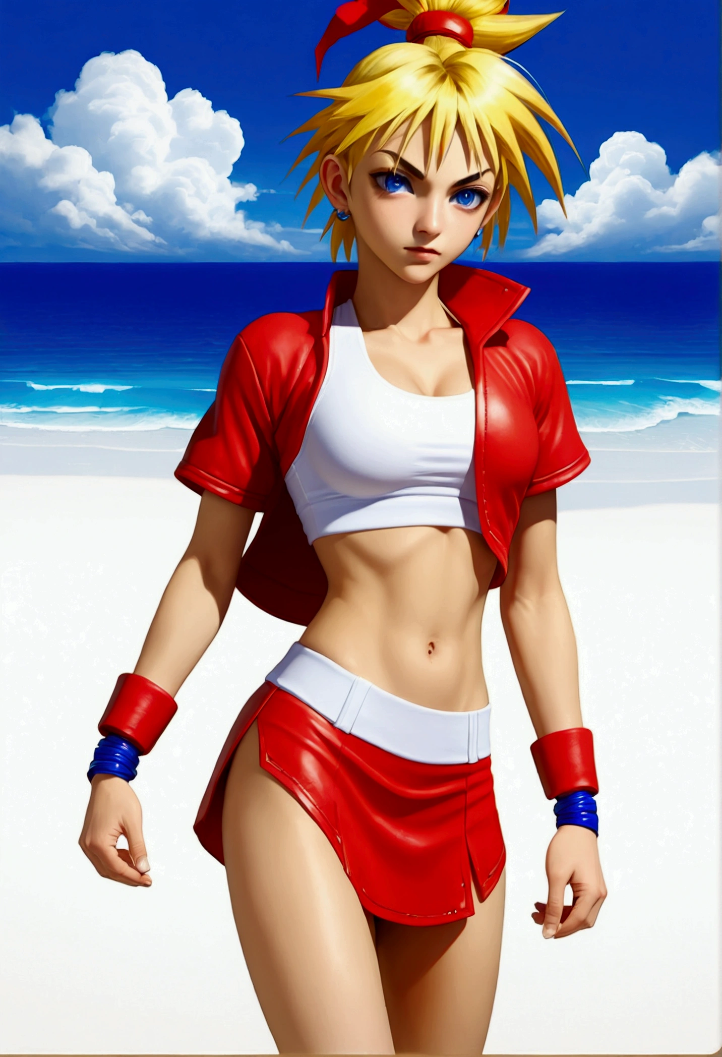 (promotional art), (Whole body view), (Kid from Chrono Cross:1.4), yellow hair in high ponytail braid segmented by red beads, sapphire blue eyes, very slender toned frame, medium bust, pale white skin, (pair of white claw marks on both inner thighs), fierce expression, BREAK: (tight red wrap around skirt with high front slit), high cropped red jacket with short sleeves, skin tight white sports bra under jacket, (tight white sports bra:1.25), loose leather ankle boots BREAK: 1/4 walking pose, on a white sand beach, ocean spray shooting up behind her