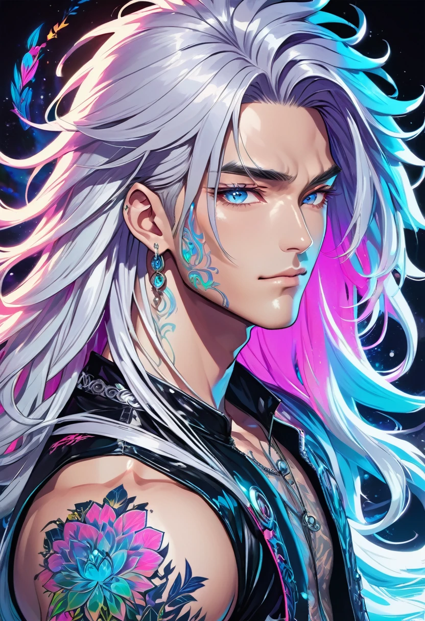 Manga art comic in the style korean male idol, slim muscular figure, adorned with UV- neon floral tattoos enveloping the neck and arms, silky shiny pink long wisp hair, deep blue eyes, shiny superreflectiveglistening abs, almost kissing a gorgeous male biker, long white hair, loose tank top enhanced by psychedelic fractal ink UV-Neon runes, gorgeous lake in the background, pencil sketch, capturing hyperdetailed Ultra HD essence, silver fangs highlighted, forced perspective enhancing bioluminescent effect, surrounded by a smoky mist, neon-glowing runes converging, neon celestial eyes piercing through, juxtaposed against reality