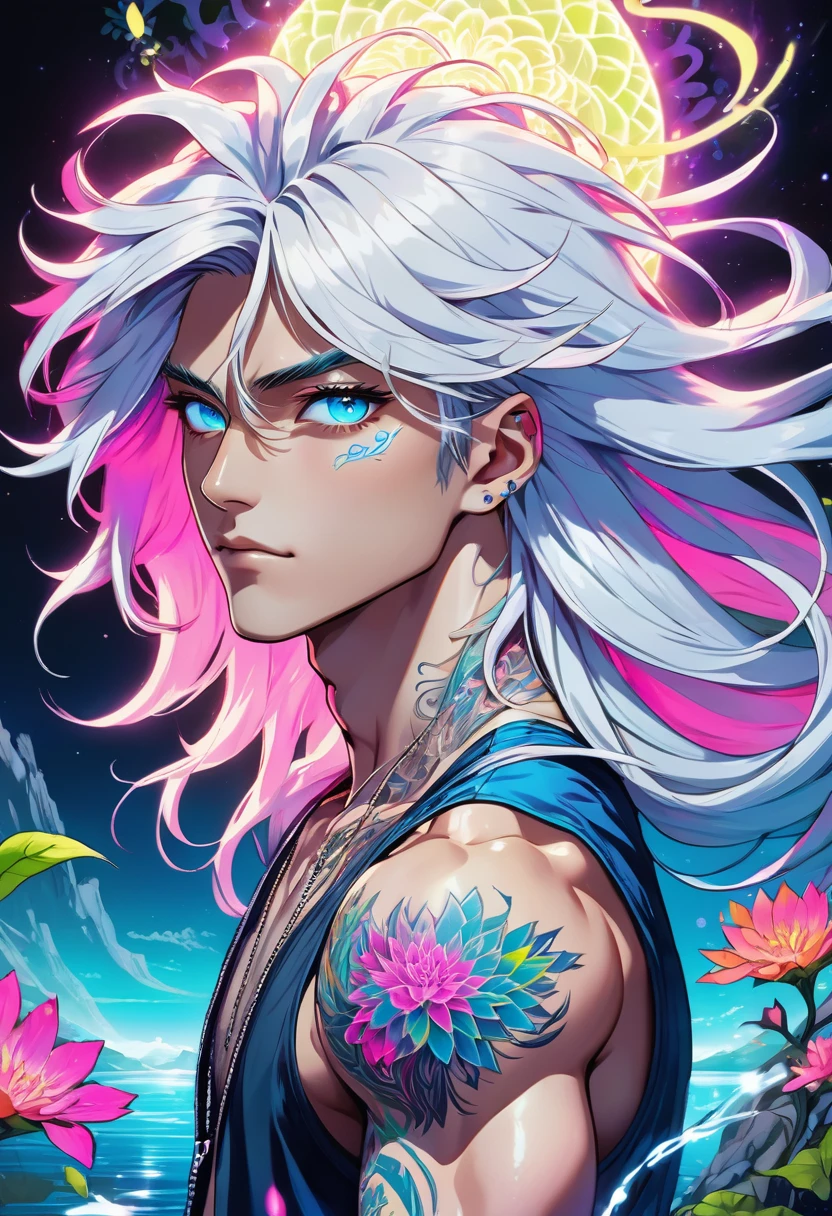 Manga art comic in the style korean male idol, slim muscular figure, adorned with UV- neon floral tattoos enveloping the neck and arms, silky shiny pink long wisp hair, deep blue eyes, shiny superreflectiveglistening abs, almost kissing a gorgeous male biker, long white hair, loose tank top enhanced by psychedelic fractal ink UV-Neon runes, gorgeous lake in the background, pencil sketch, capturing hyperdetailed Ultra HD essence, silver fangs highlighted, forced perspective enhancing bioluminescent effect, surrounded by a smoky mist, neon-glowing runes converging, neon celestial eyes piercing through, juxtaposed against reality