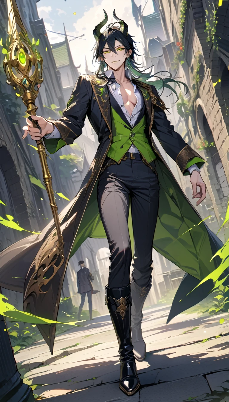 masterpiece, highres, absurdres, illustration, ((masterpiece:1.4, best quality)), (Ultra detailed background), full body shot, 1boy, magical long wand, Knee-high boots, unbuttoned shirt, handsome man, highly detailed beautiful face and eyes, beautiful eyes, (sharp detail:1.3), shiny, 1boy, dynamic angle, malleus draconia (twisted wonderland) horns, bishounen, boy, male, yana Toboso style, long hair, black hair, yellow green eyes, smile, gray lips, handsome, skinny, tall, yellow green glow,