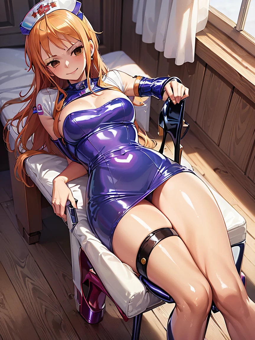 ((Top quality)), ((Masterpiece)), ((best quality:1.2,)) (((Nami (One Piece), 1girl, solo))), (((((nurse Outfit, latex high heels))))),